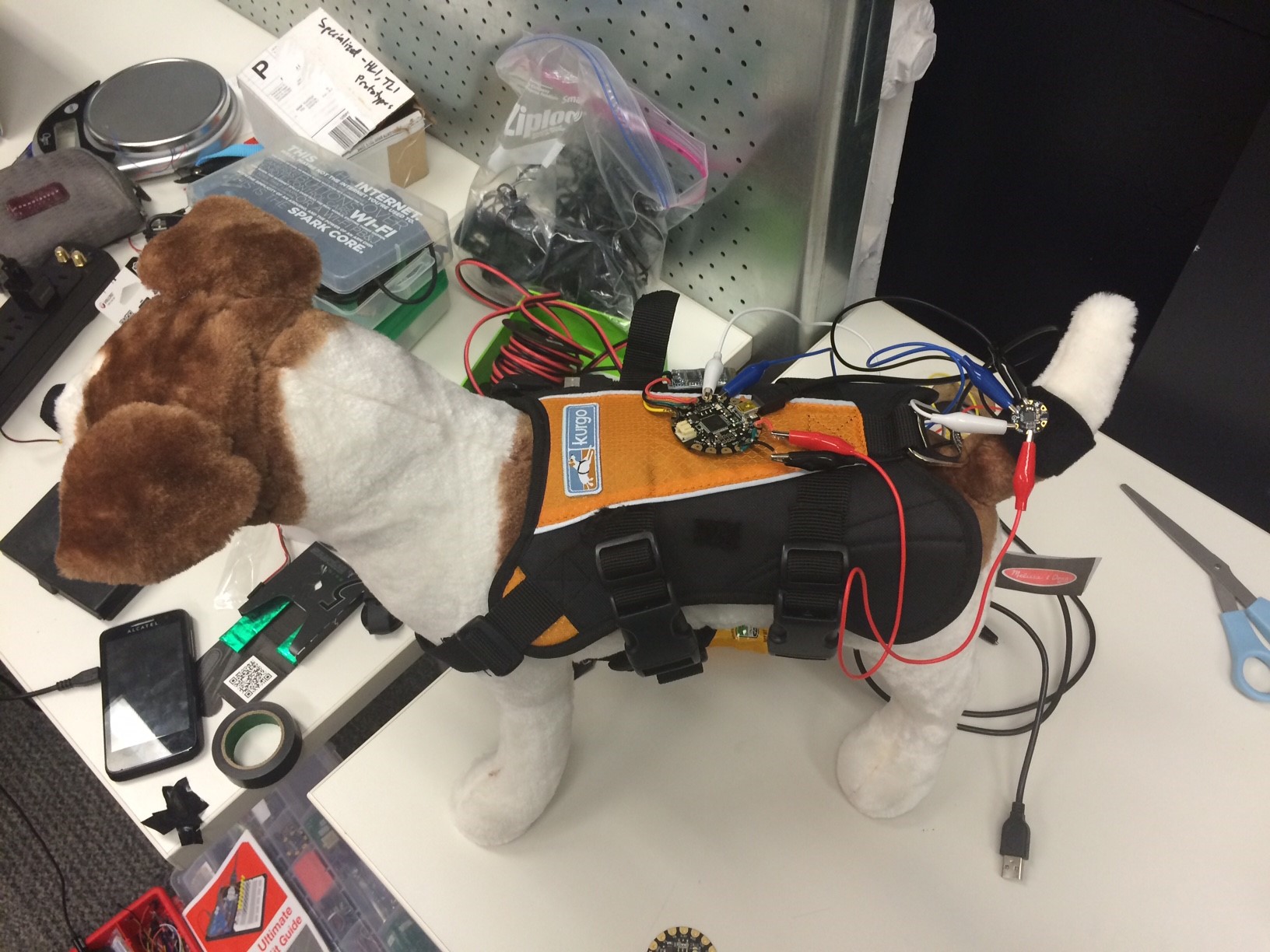 prototype of the dogstar's sensor-vest, on a toy plush/stuffed dog 