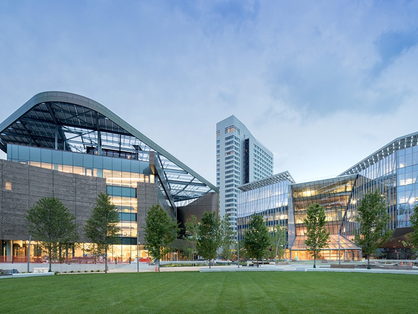 Cornell Tech campus facades at dusk