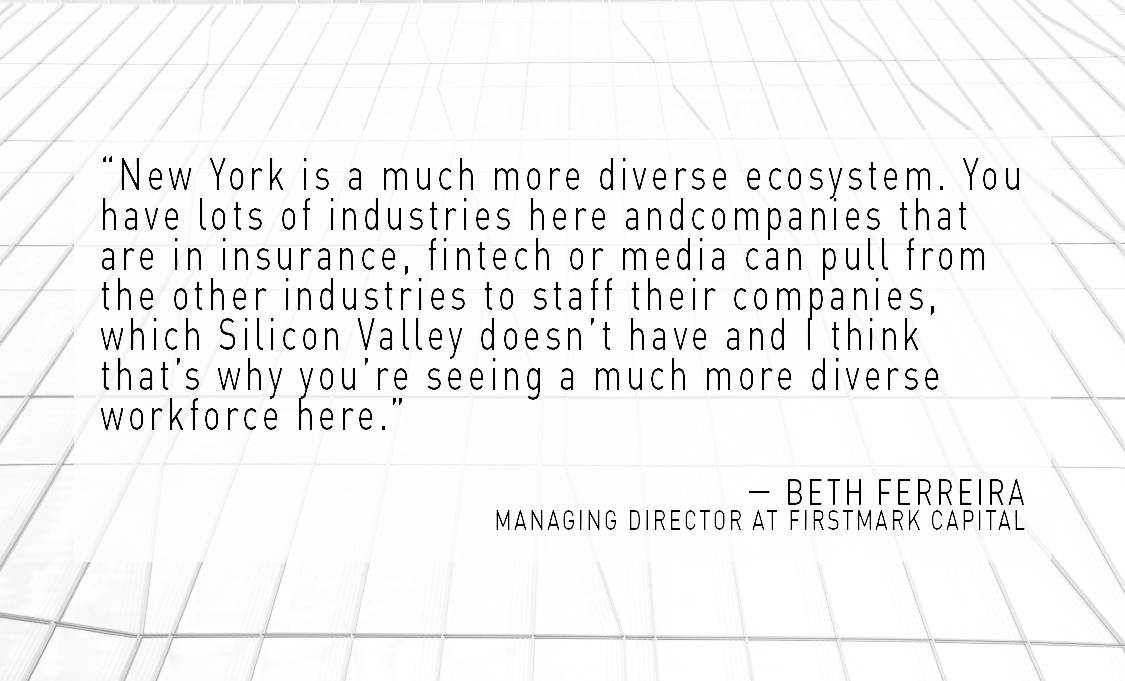 quote: "New York is a much more diverse ecosystem. You have lots of industries here and companies that are in insurance, fintech or media can pull from other industries to staff their companies, which Silicon Valley doesn't have and I think that's why you're seeing a much more diverse workforce here." - Beth Ferreira, managing Director at Firstmark Capital