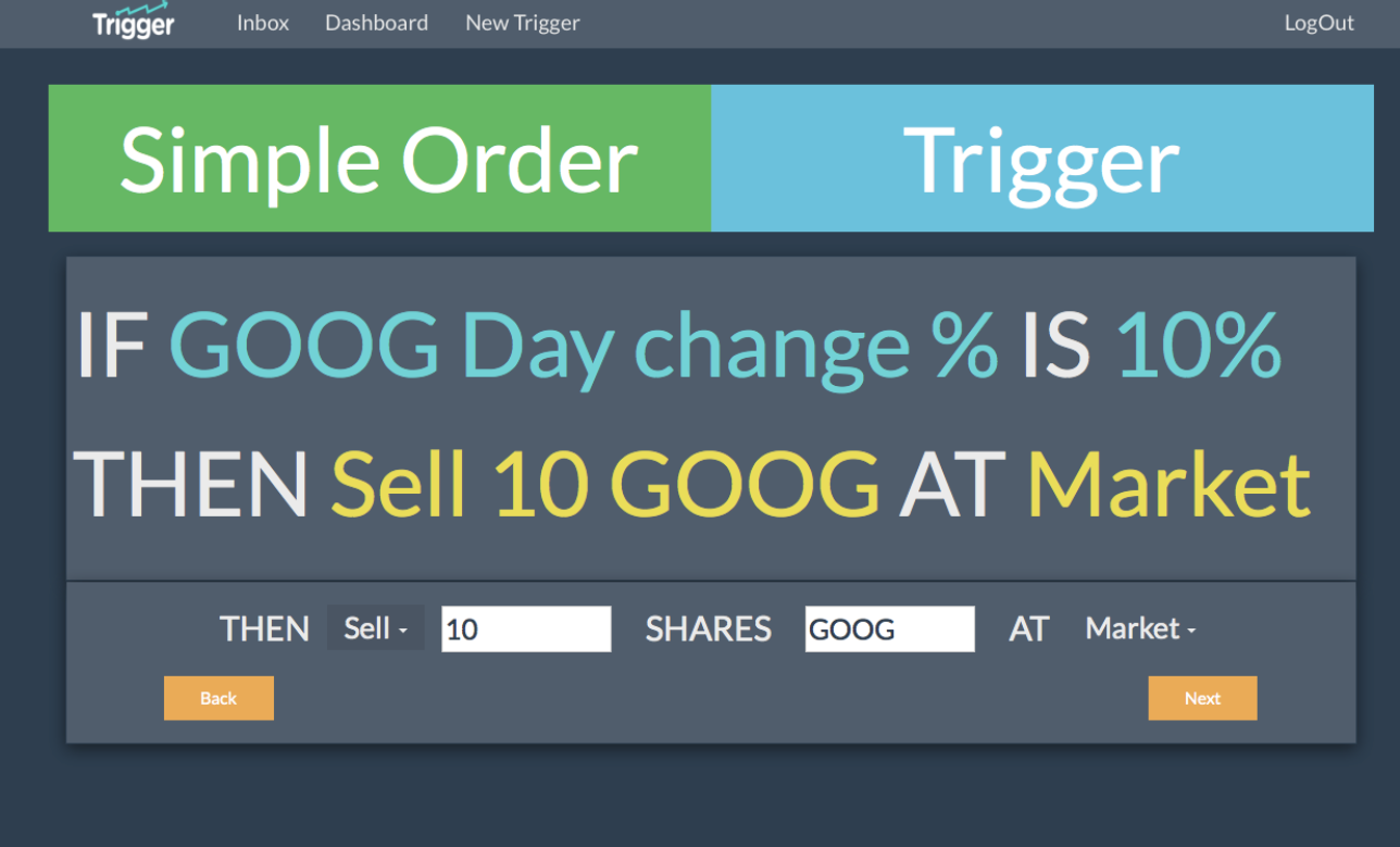 Trigger screenshot showing an example order of GOOG executing to a Market order if the Day-change is 10% or more