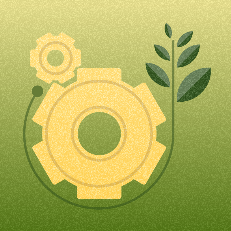 A simplified graphic of gears surrounded by leaves