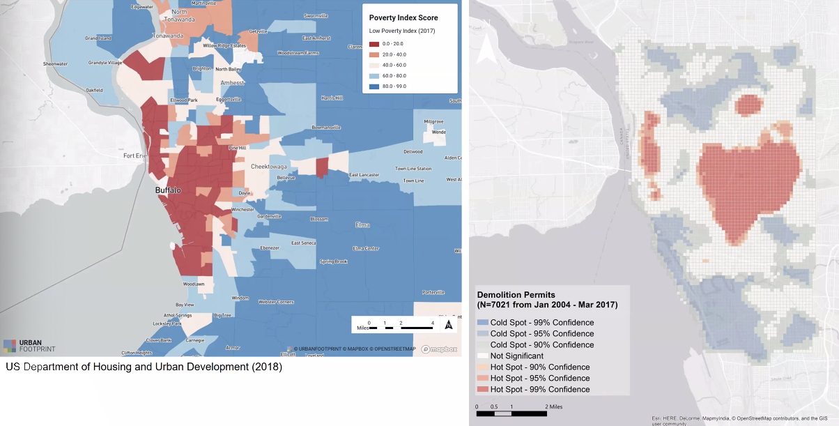 Two maps side-by-side: poverty index scores vs. demolition permits