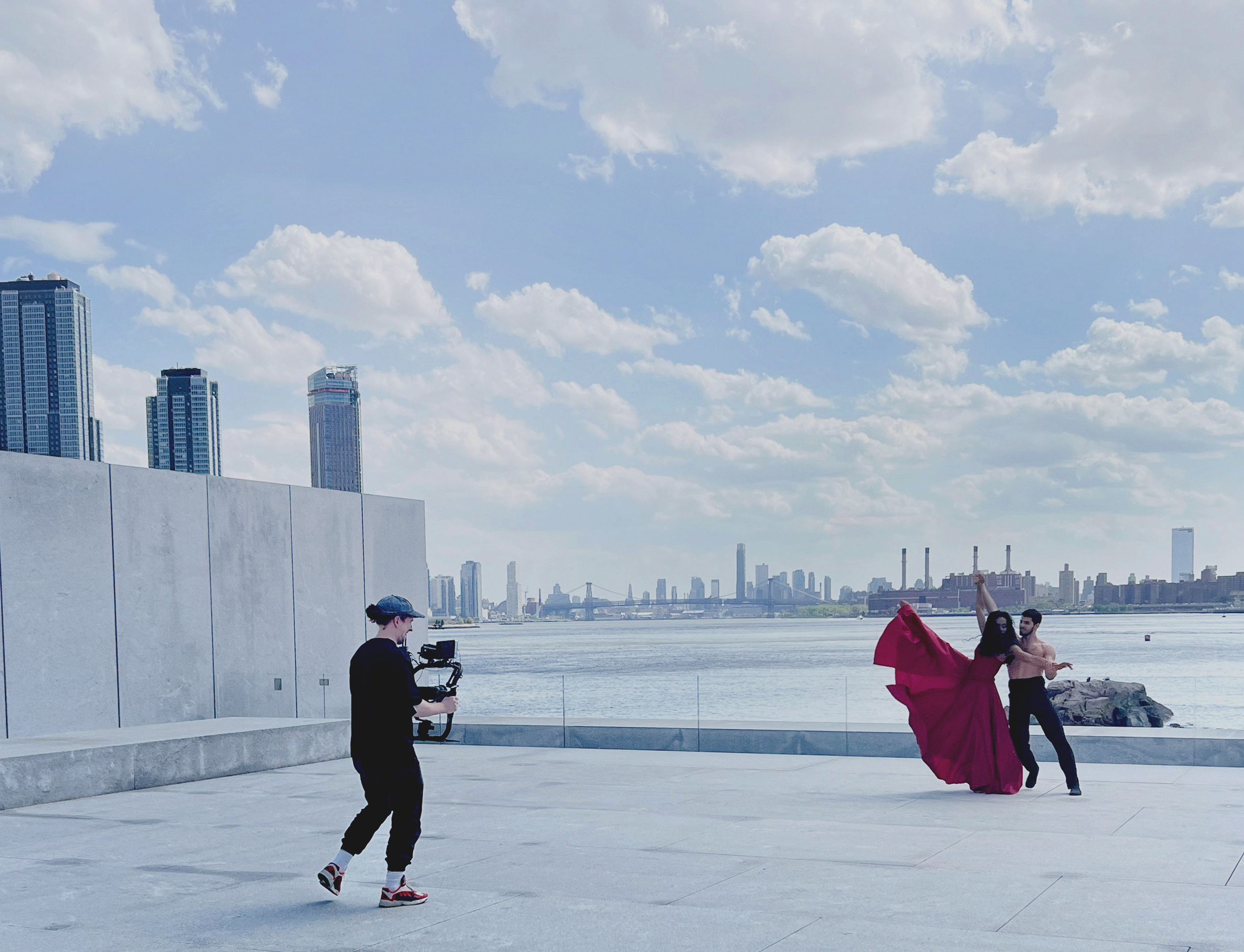 Filming Ballet Hispánico’s Dandara Veiga and Mariano Zamora dancing in Four Freedoms Park, Roosevelt Island.