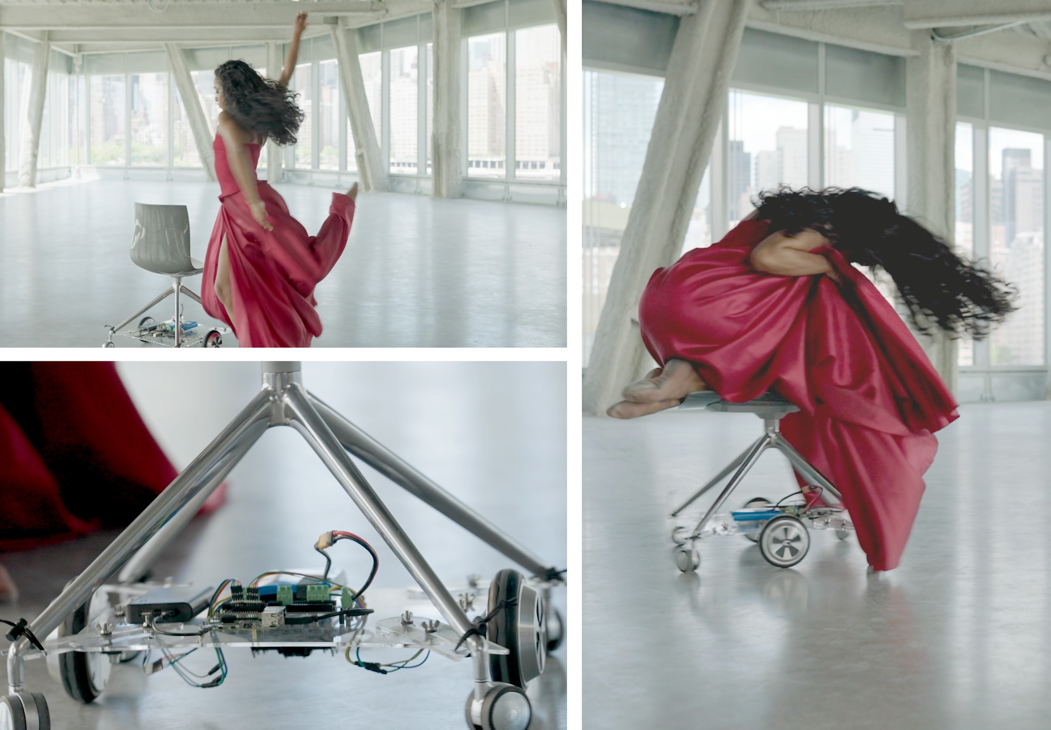 Ballet Hispánico’s Dandara Veiga performing with a robotic chair inside the Tata Innovation Center, Cornell Tech campus.
