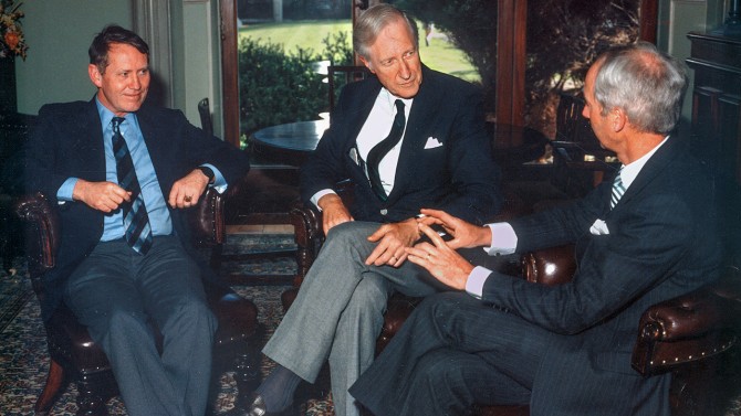 From left, Chuck Feeney '56, then-Cornell President Frank H.T. Rhodes and Ed Walsh, founding president of the University of Limerick in Ireland, in 1987.