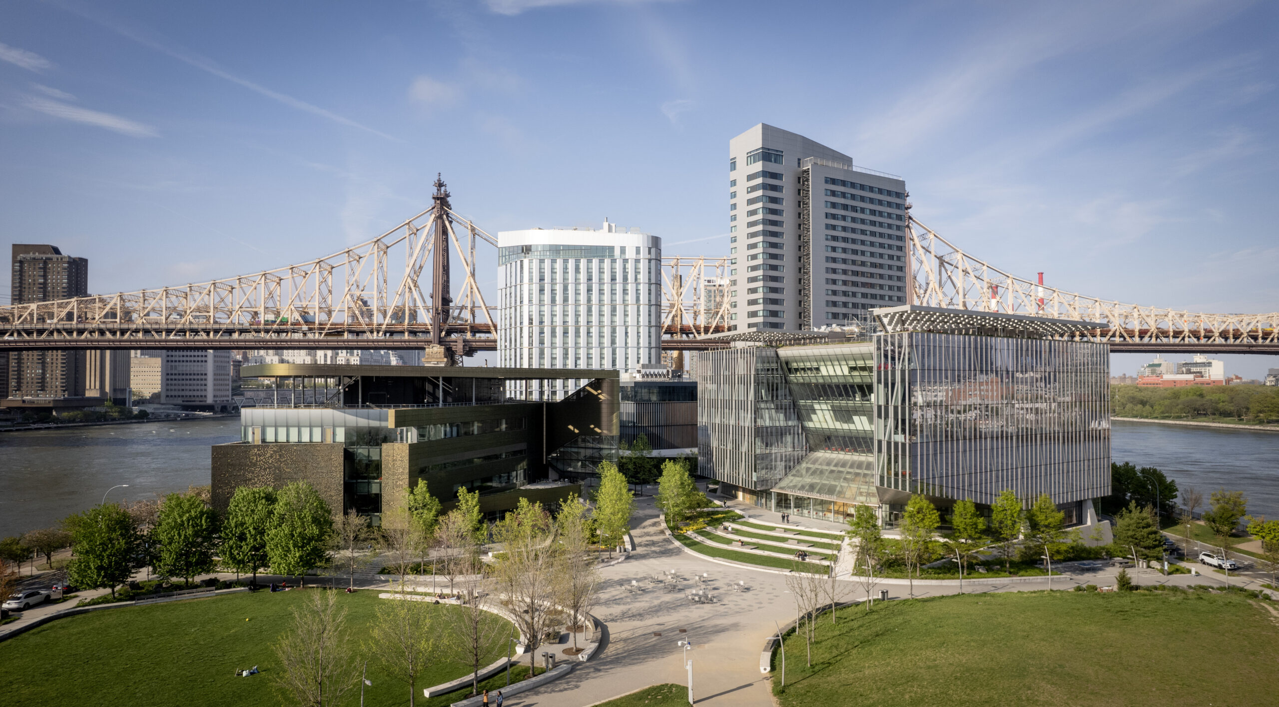 elevated view of cornell tech from the outside facing NYC